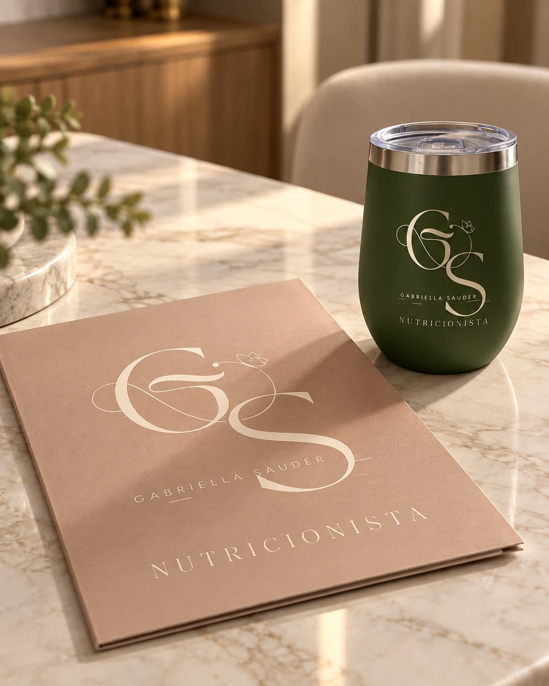 Marca Gabriella Sauder Nutricionista aplicada em pasta rosada e copo verde